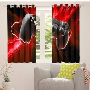 Boys Games Room Window Curtain Red Black Gaming‎ Console Two Panels 38”x45” NEW